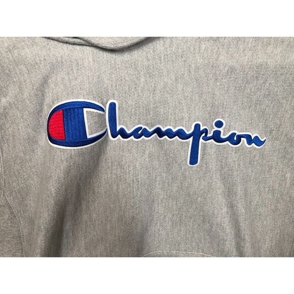Champion Reverse Weave Hooded Logo Sweatshirt Heather Gray GF68 Men's Medium M - Picture 3 of 8